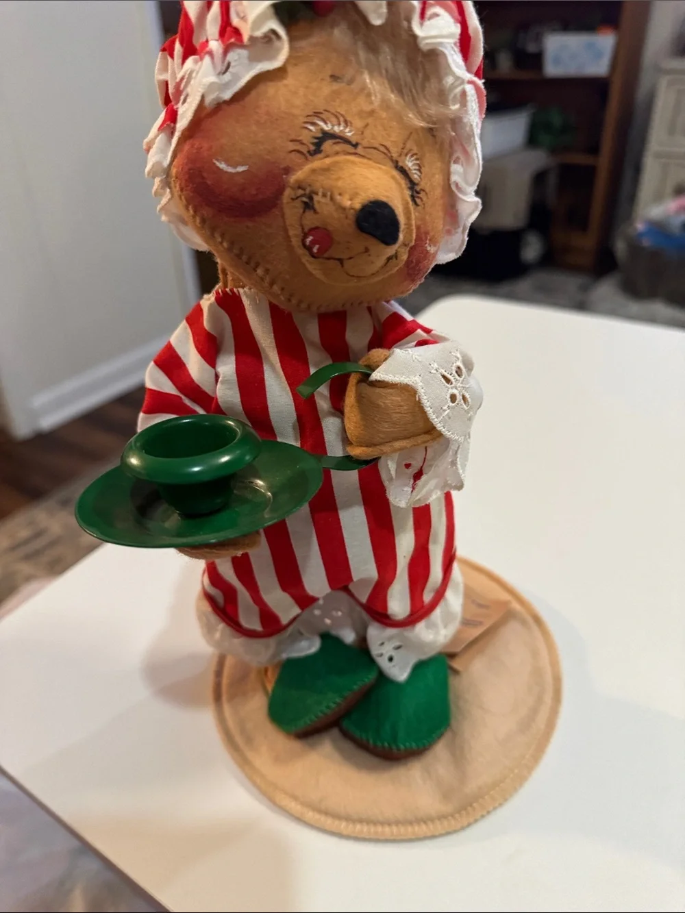 Annalee Red & White Striped Bear with Green Slippers Figurine